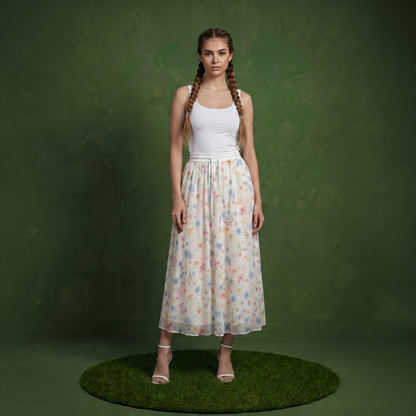 Anna-Kaci Women's Floral Midi Skirt Elastic Waist Flowy Lightweight Chiffon A Line Casual Skirt