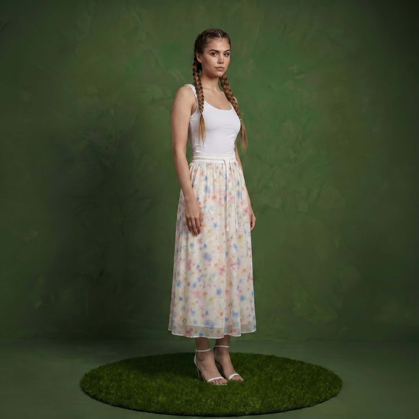 Anna-Kaci Women's Floral Midi Skirt Elastic Waist Flowy Lightweight Chiffon A Line Casual Skirt