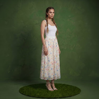 Anna-Kaci Women's Floral Midi Skirt Elastic Waist Flowy Lightweight Chiffon A Line Casual Skirt