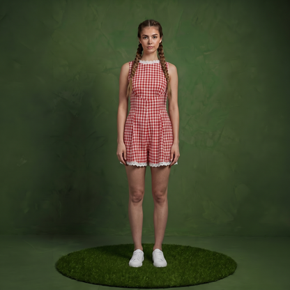 Anna-Kaci Women's Gingham Romper Sleeveless Lace Trim Fit and Flare Lightweight Casual One Piece