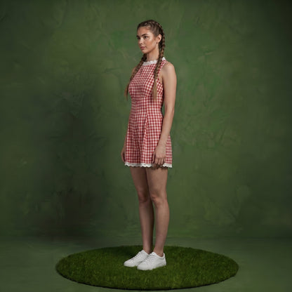 Anna-Kaci Women's Gingham Romper Sleeveless Lace Trim Fit and Flare Lightweight Casual One Piece