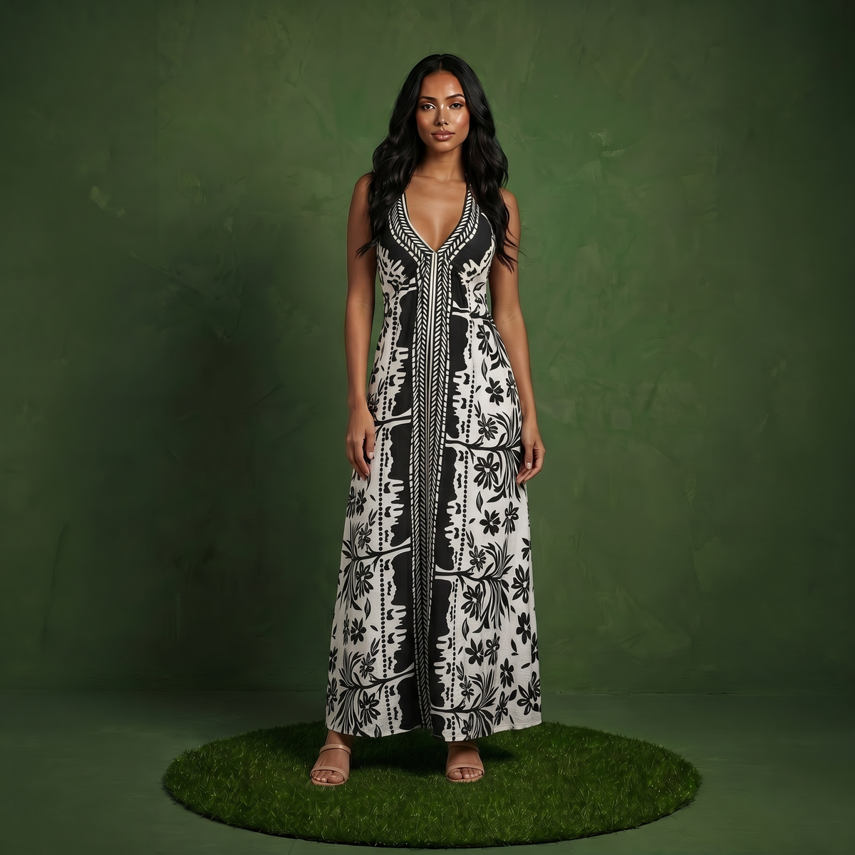 Anna-Kaci Women's Halter Neck Maxi Dress with Open Back Tie Design Flowy Printed Long Dress