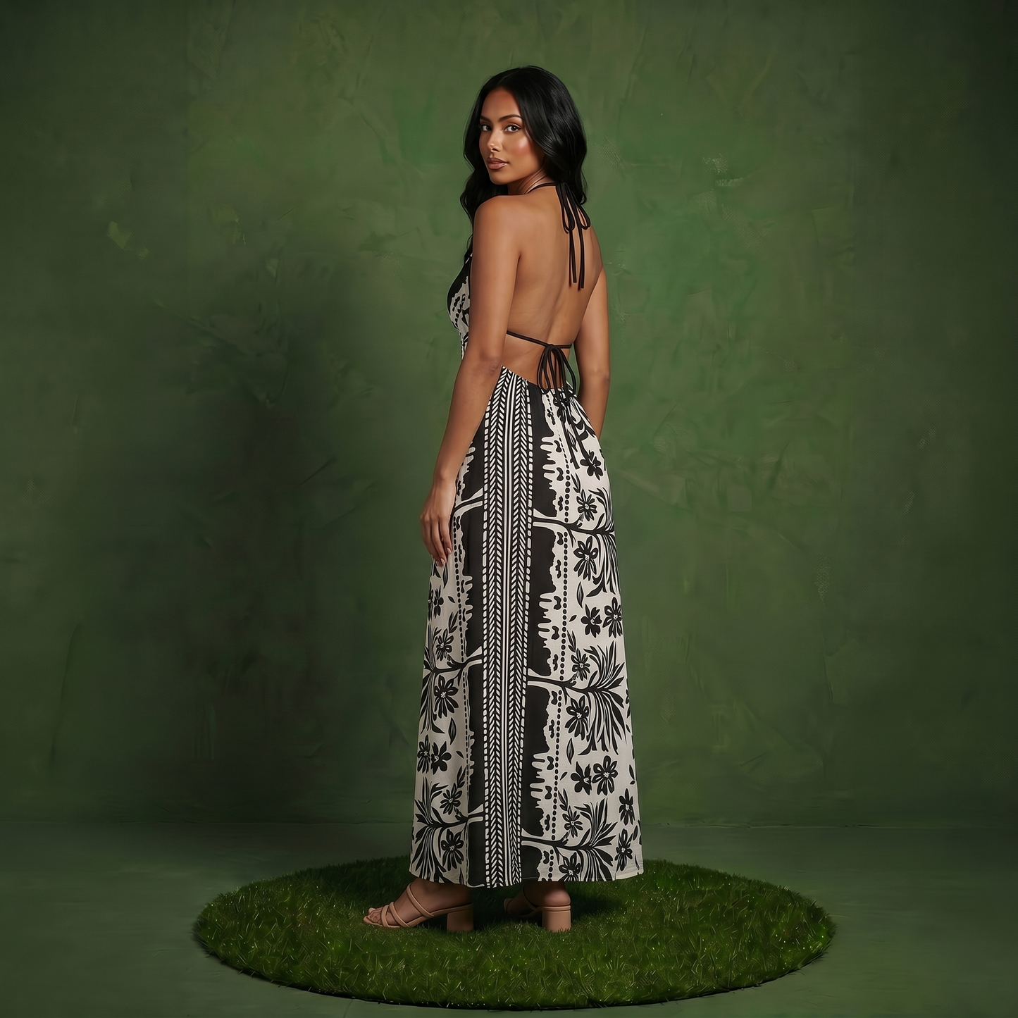 Anna-Kaci Women's Halter Neck Maxi Dress with Open Back Tie Design Flowy Printed Long Dress