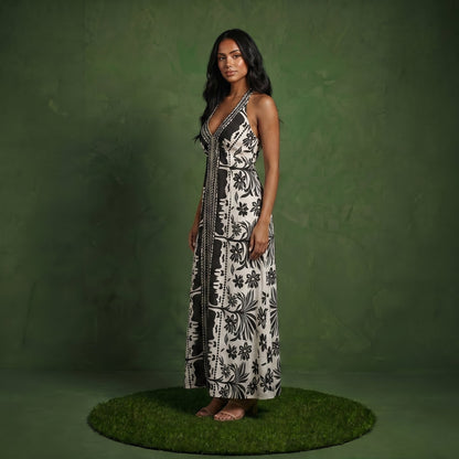 Anna-Kaci Women's Halter Neck Maxi Dress with Open Back Tie Design Flowy Printed Long Dress