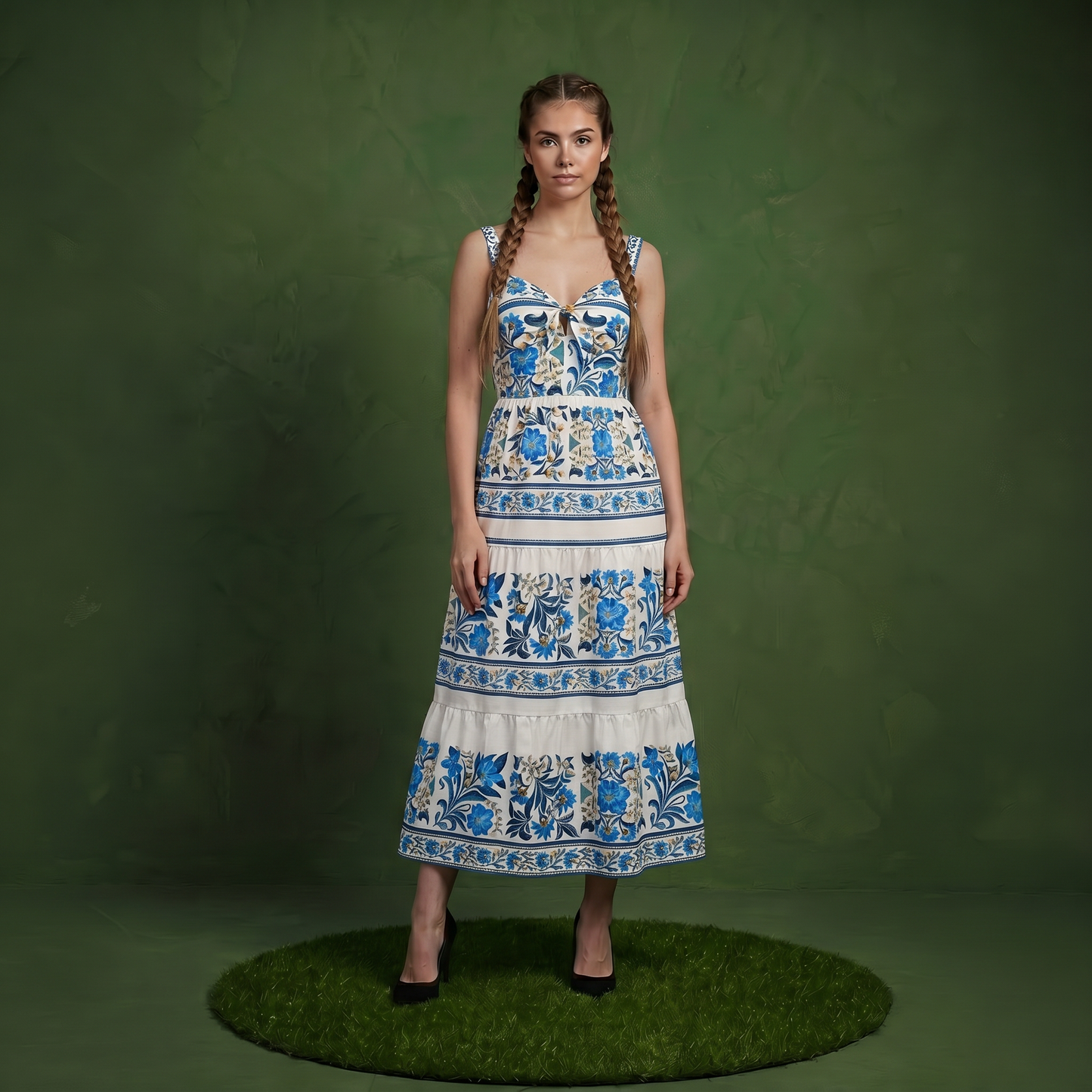Anna-Kaci Women's Sleeveless Maxi Dress with Adjustable Straps Tiered Skirt Printed Design Flowy Fit