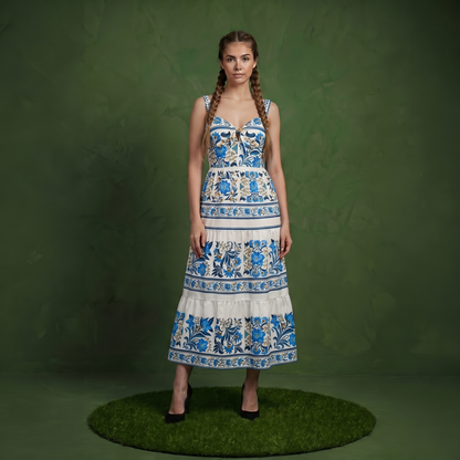 Anna-Kaci Women's Sleeveless Maxi Dress with Adjustable Straps Tiered Skirt Printed Design Flowy Fit