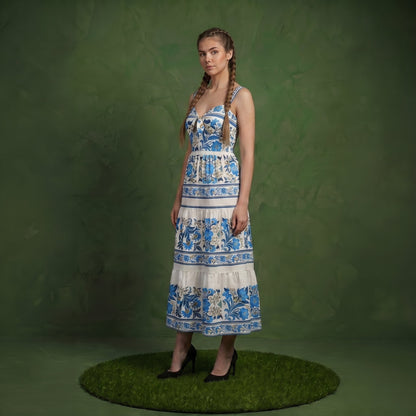Anna-Kaci Women's Sleeveless Maxi Dress with Adjustable Straps Tiered Skirt Printed Design Flowy Fit