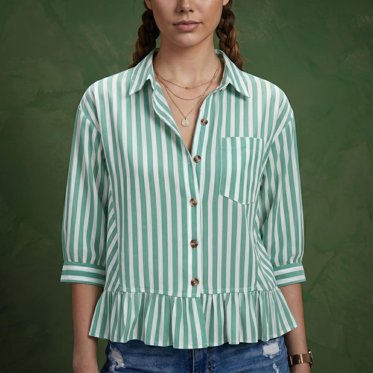Anna-Kaci Women's Striped Button Down Blouse with Collar Three Quarter Sleeve Peplum Hem Pocket Detail Casual Shirt