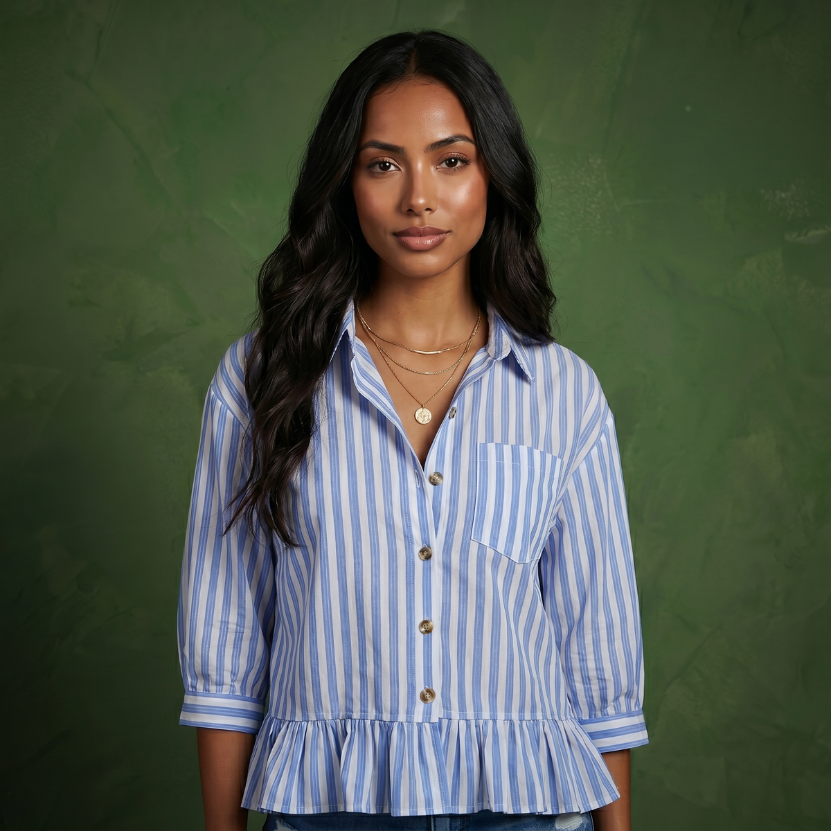 Anna-Kaci Women's Striped Button Down Blouse with Collar Three Quarter Sleeve Peplum Hem Pocket Detail Casual Shirt