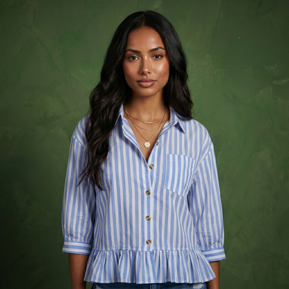 Anna-Kaci Women's Striped Button Down Blouse with Collar Three Quarter Sleeve Peplum Hem Pocket Detail Casual Shirt