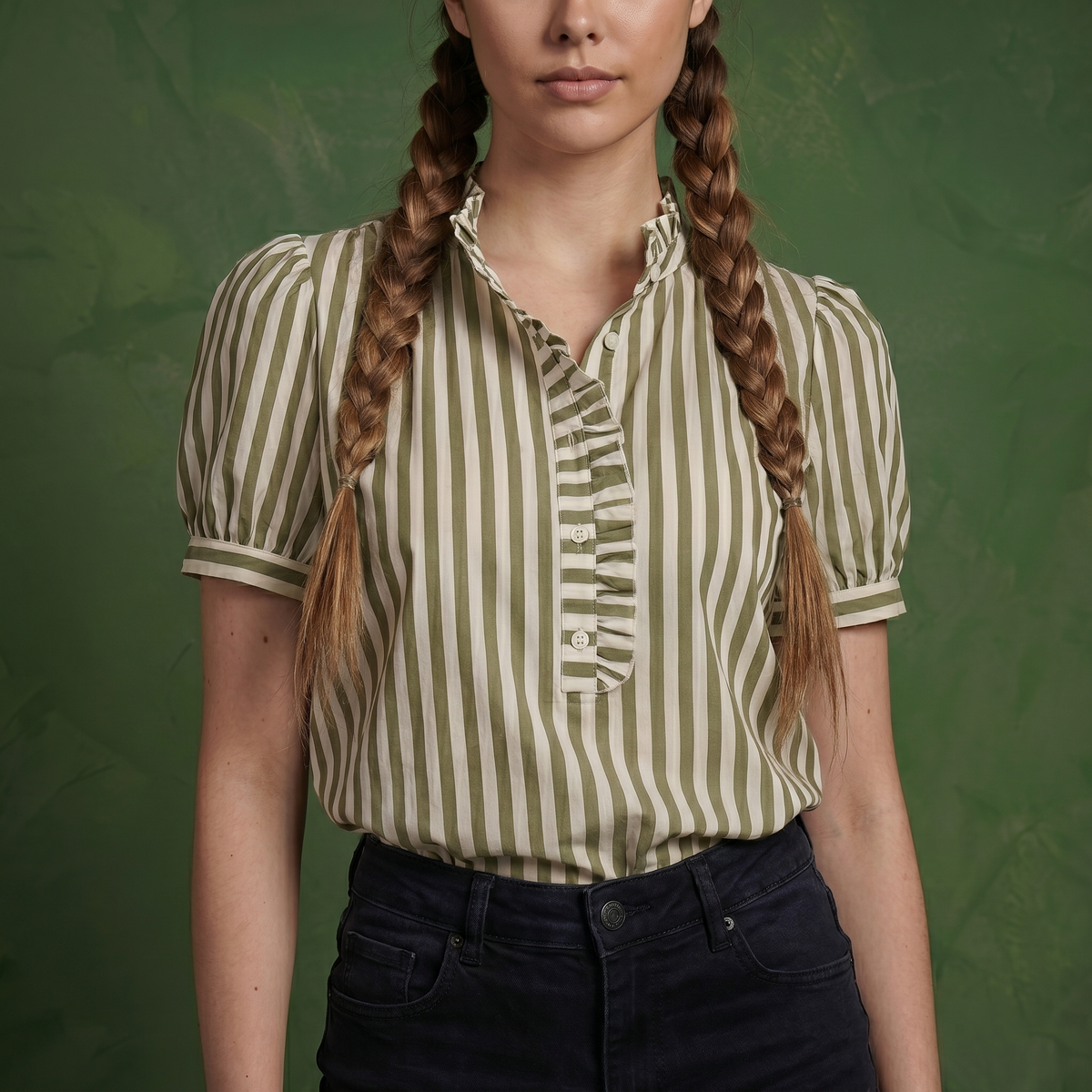 Anna-Kaci Women's Short Sleeve Striped Blouse with Ruffle Trim V Neck Puff Sleeve Lightweight Pullover Shirt