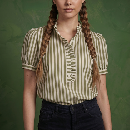 Anna-Kaci Women's Short Sleeve Striped Blouse with Ruffle Trim V Neck Puff Sleeve Lightweight Pullover Shirt