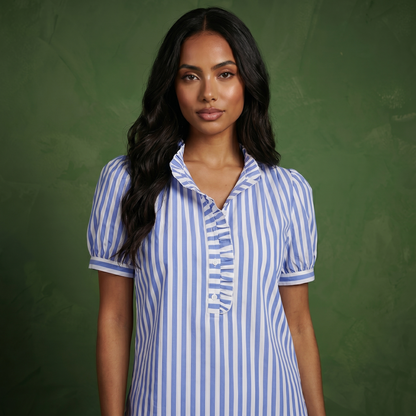 Anna-Kaci Women's Short Sleeve Striped Blouse with Ruffle Trim V Neck Puff Sleeve Lightweight Pullover Shirt