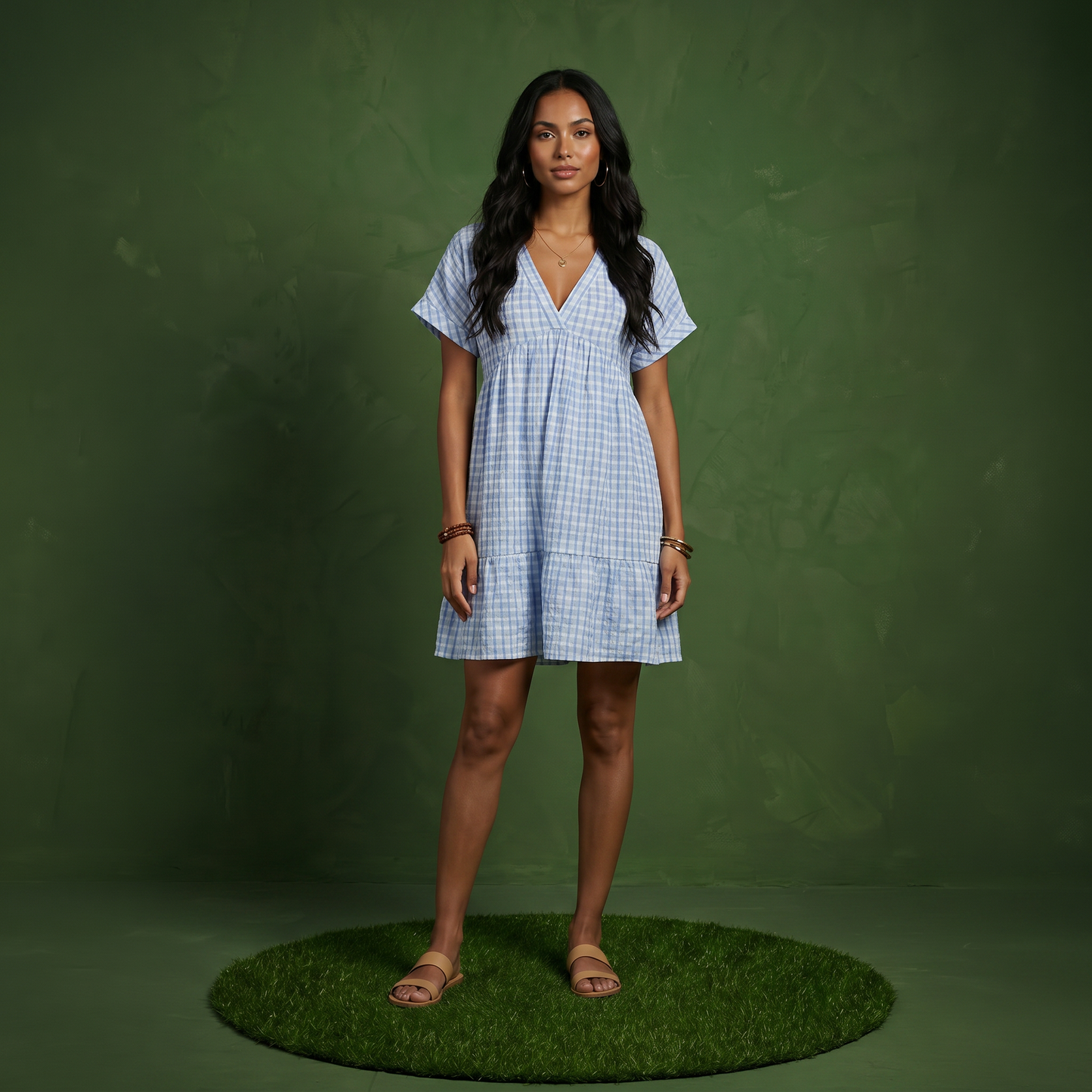 Anna-Kaci Women's Short Sleeve V Neck Plaid Mini Dress with Tiered Hem Loose Fit Casual Lightweight Summer Dress
