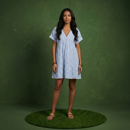 Anna-Kaci Women's Short Sleeve V Neck Plaid Mini Dress with Tiered Hem Loose Fit Casual Lightweight Summer Dress