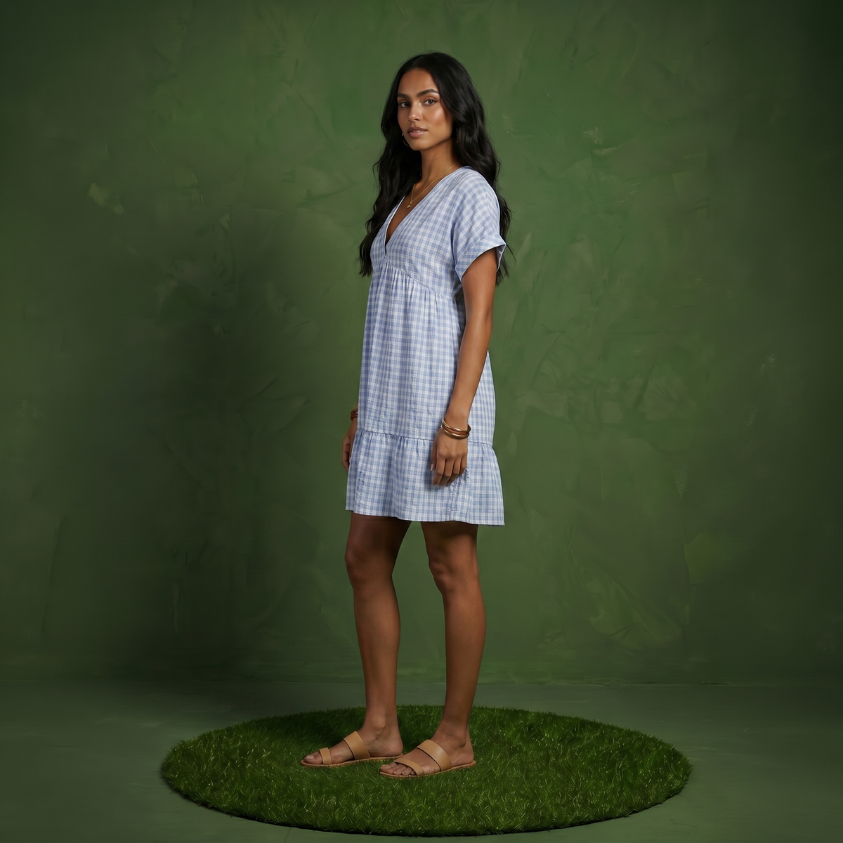 Anna-Kaci Women's Short Sleeve V Neck Plaid Mini Dress with Tiered Hem Loose Fit Casual Lightweight Summer Dress