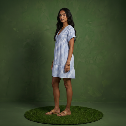 Anna-Kaci Women's Short Sleeve V Neck Plaid Mini Dress with Tiered Hem Loose Fit Casual Lightweight Summer Dress