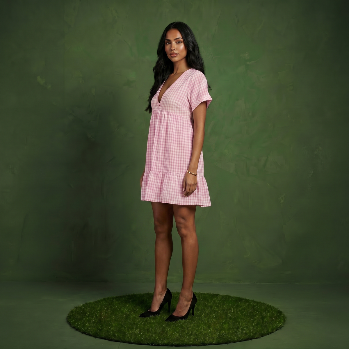 Anna-Kaci Women's Short Sleeve V Neck Plaid Mini Dress with Tiered Hem Loose Fit Casual Lightweight Summer Dress