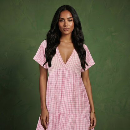 Anna-Kaci Women's Short Sleeve V Neck Plaid Mini Dress with Tiered Hem Loose Fit Casual Lightweight Summer Dress