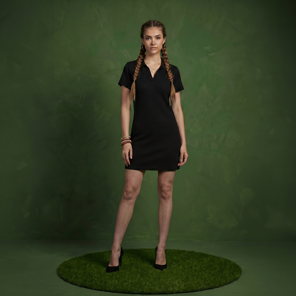 Anna-Kaci Women's Short Sleeve Collared Mini Dress with Split V Neck Textured Knit Relaxed Fit Casual Dress