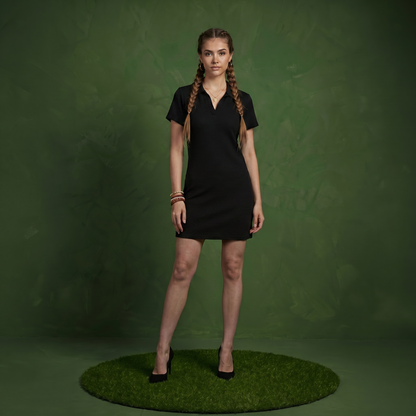 Anna-Kaci Women's Short Sleeve Collared Mini Dress with Split V Neck Textured Knit Relaxed Fit Casual Dress
