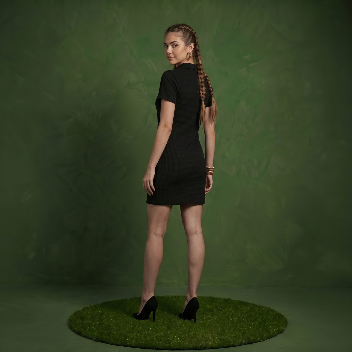 Anna-Kaci Women's Short Sleeve Collared Mini Dress with Split V Neck Textured Knit Relaxed Fit Casual Dress