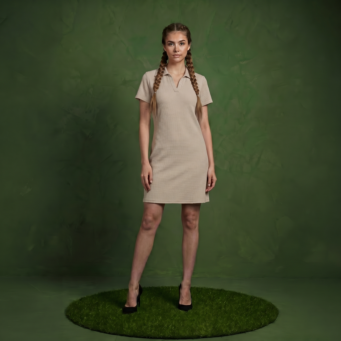 Anna-Kaci Women's Short Sleeve Collared Mini Dress with Split V Neck Textured Knit Relaxed Fit Casual Dress