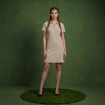 Anna-Kaci Women's Short Sleeve Collared Mini Dress with Split V Neck Textured Knit Relaxed Fit Casual Dress