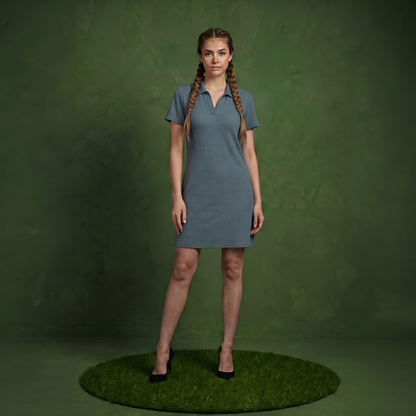Anna-Kaci Women's Short Sleeve Collared Mini Dress with Split V Neck Textured Knit Relaxed Fit Casual Dress