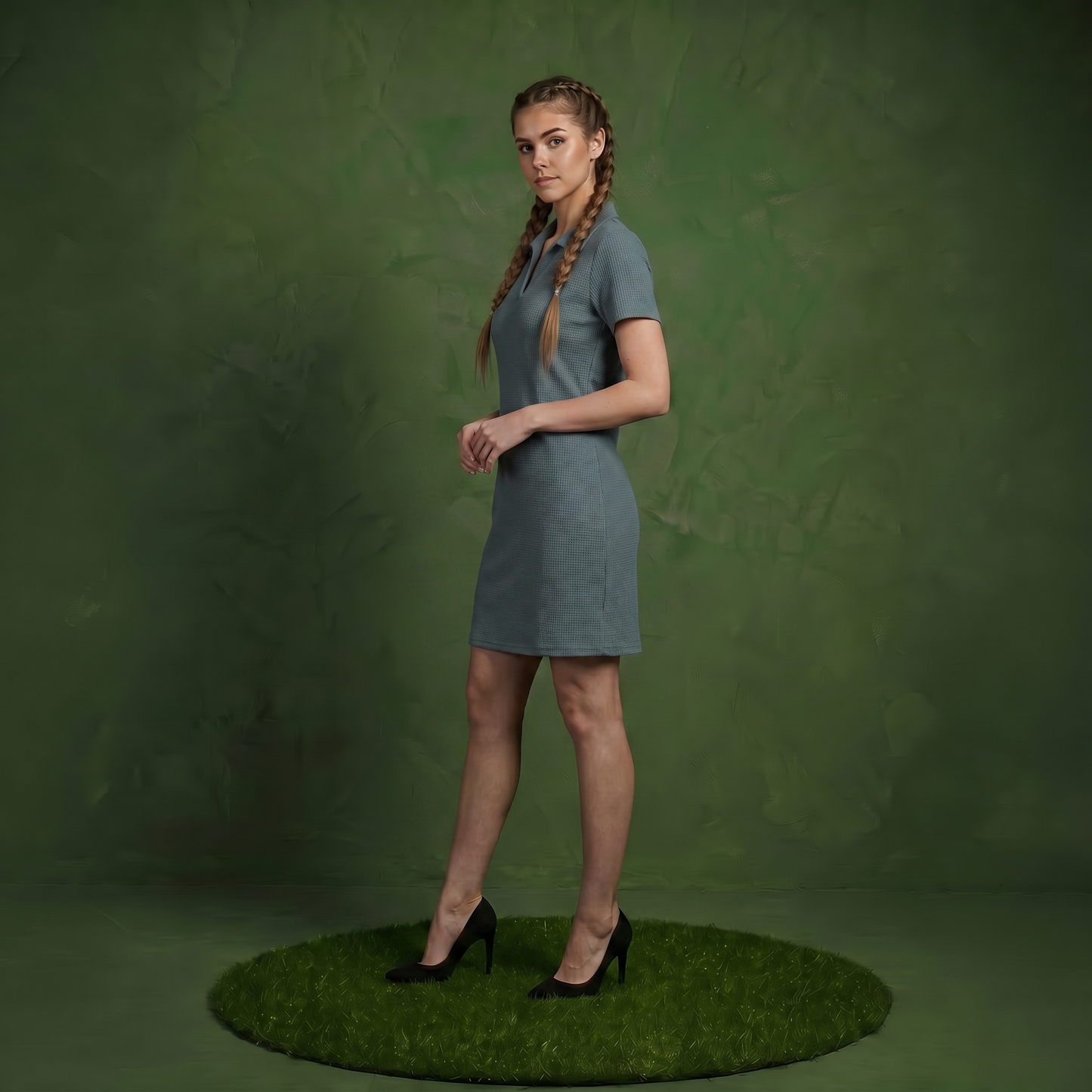Anna-Kaci Women's Short Sleeve Collared Mini Dress with Split V Neck Textured Knit Relaxed Fit Casual Dress