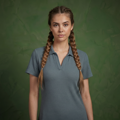 Anna-Kaci Women's Short Sleeve Collared Mini Dress with Split V Neck Textured Knit Relaxed Fit Casual Dress