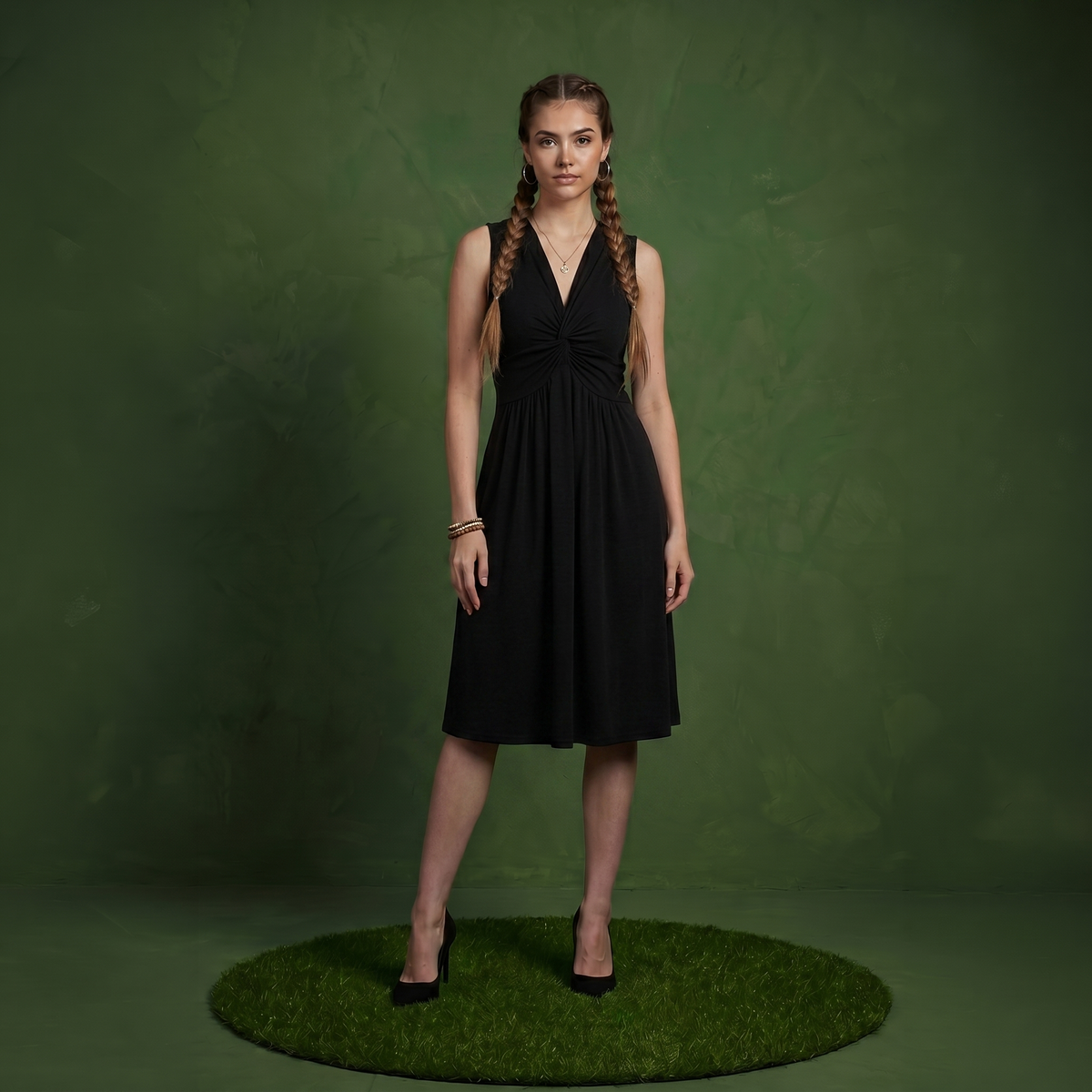 Anna-Kaci Women's Sleeveless V Neck Midi Dress with Front Twist Detail and Flowy A Line Silhouette