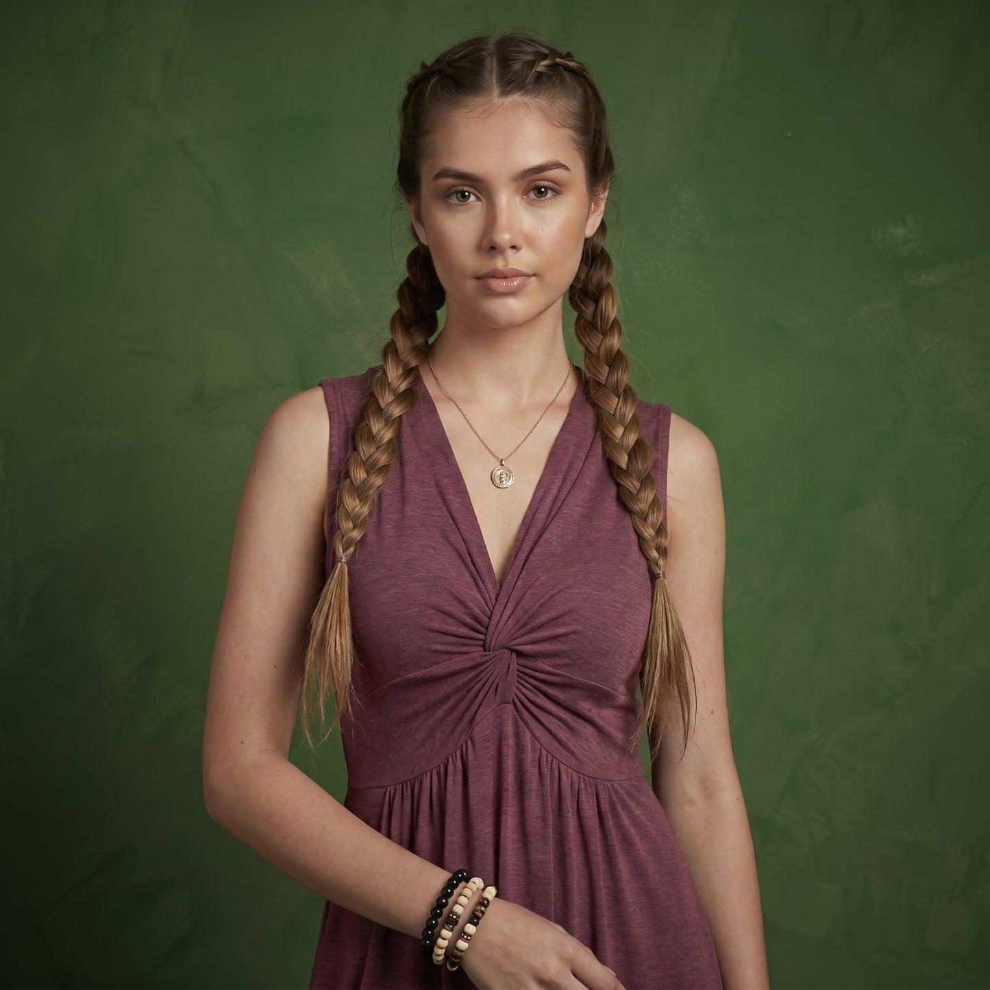 Anna-Kaci Women's Sleeveless V Neck Midi Dress with Front Twist Detail and Flowy A Line Silhouette