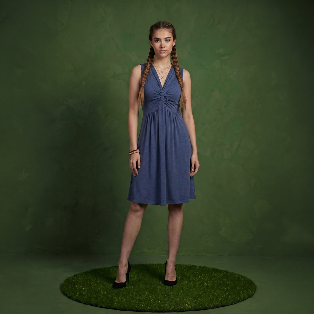 Anna-Kaci Women's Sleeveless V Neck Midi Dress with Front Twist Detail and Flowy A Line Silhouette