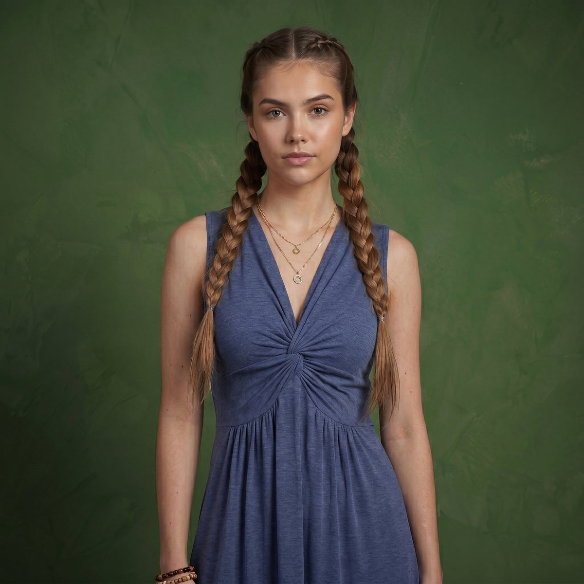 Anna-Kaci Women's Sleeveless V Neck Midi Dress with Front Twist Detail and Flowy A Line Silhouette