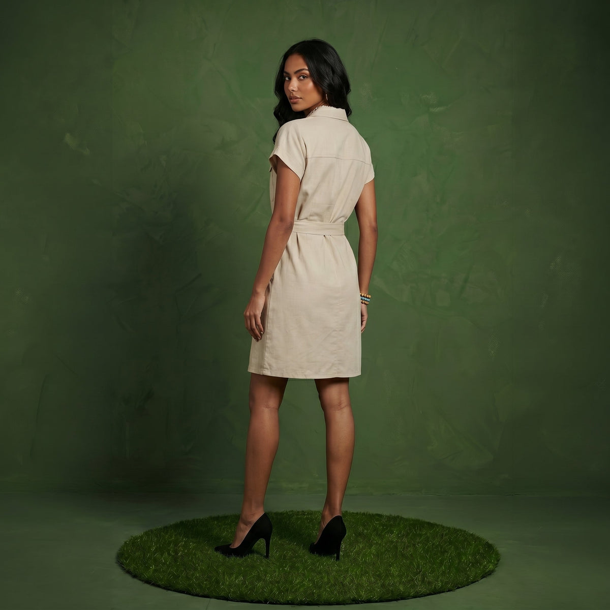 Anna-Kaci Women's Short Sleeve Button Front Shirt Dress with Collared Neckline and Adjustable Waist Tie