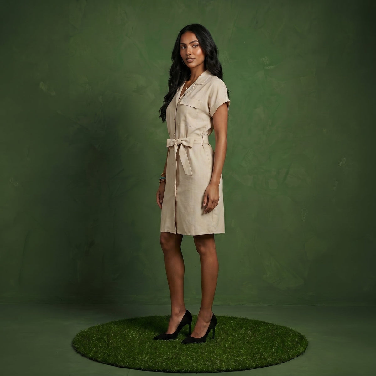 Anna-Kaci Women's Short Sleeve Button Front Shirt Dress with Collared Neckline and Adjustable Waist Tie