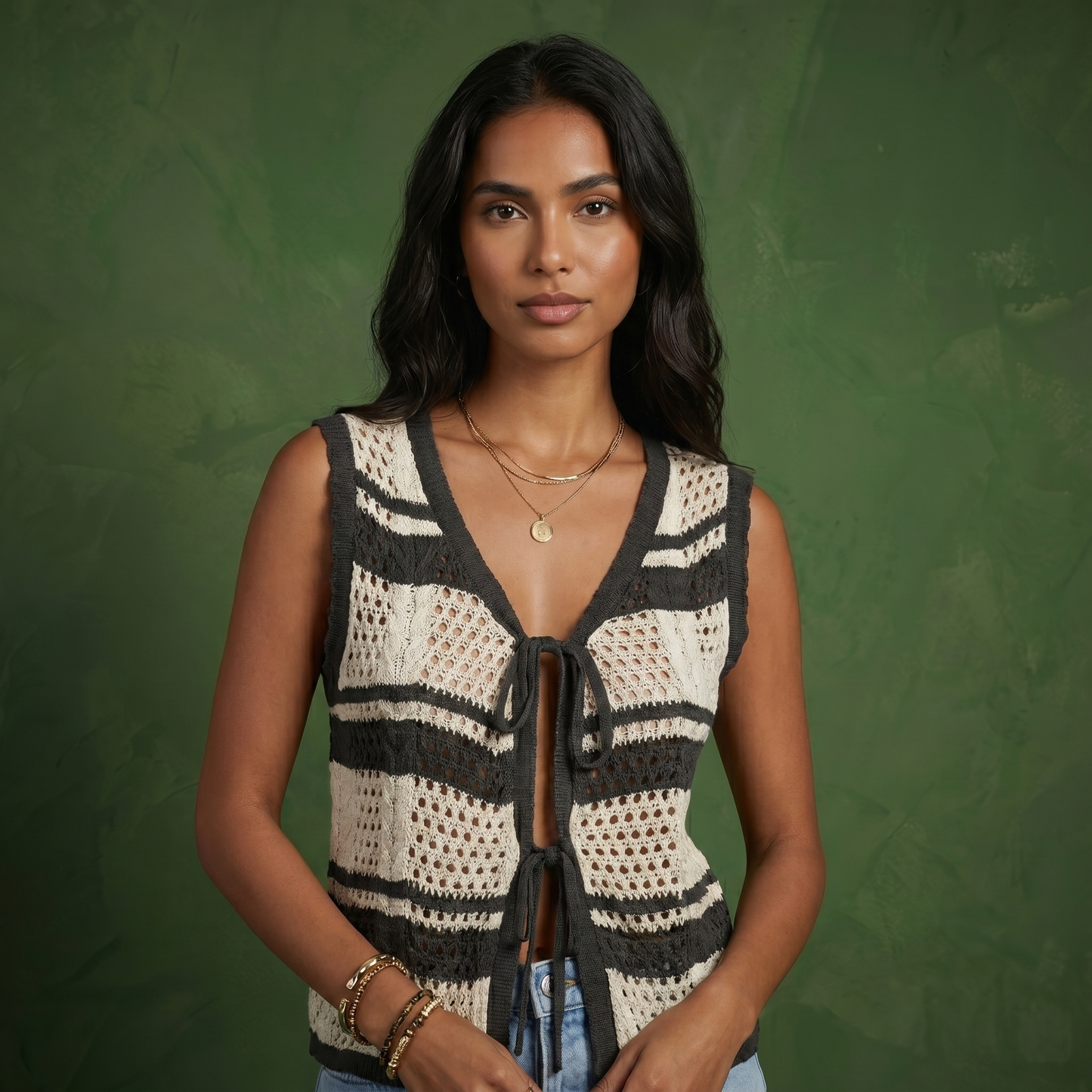 Anna-Kaci Women's Sleeveless Striped Crochet Knit Vest with Tie Front and Open Stitch Design
