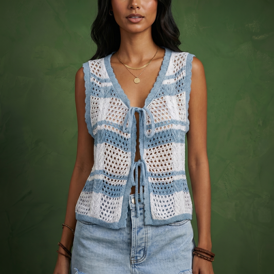 Anna-Kaci Women's Sleeveless Striped Crochet Knit Vest with Tie Front and Open Stitch Design