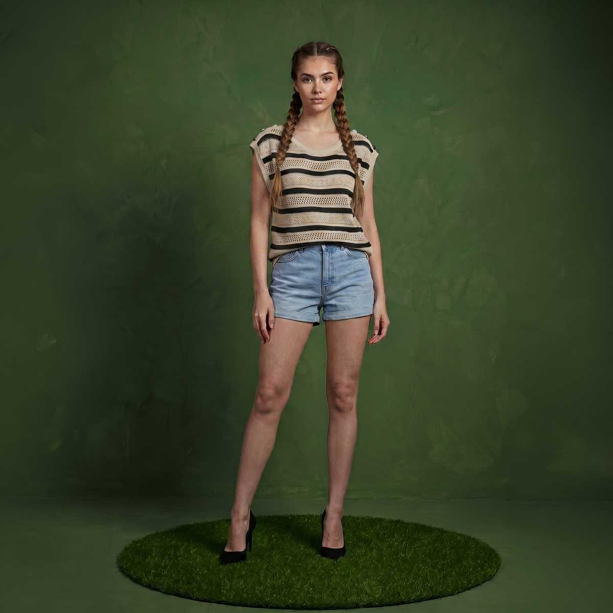Anna-Kaci Women's Short Sleeve Striped Open Knit Top with Button Shoulder Detail and Relaxed Fit