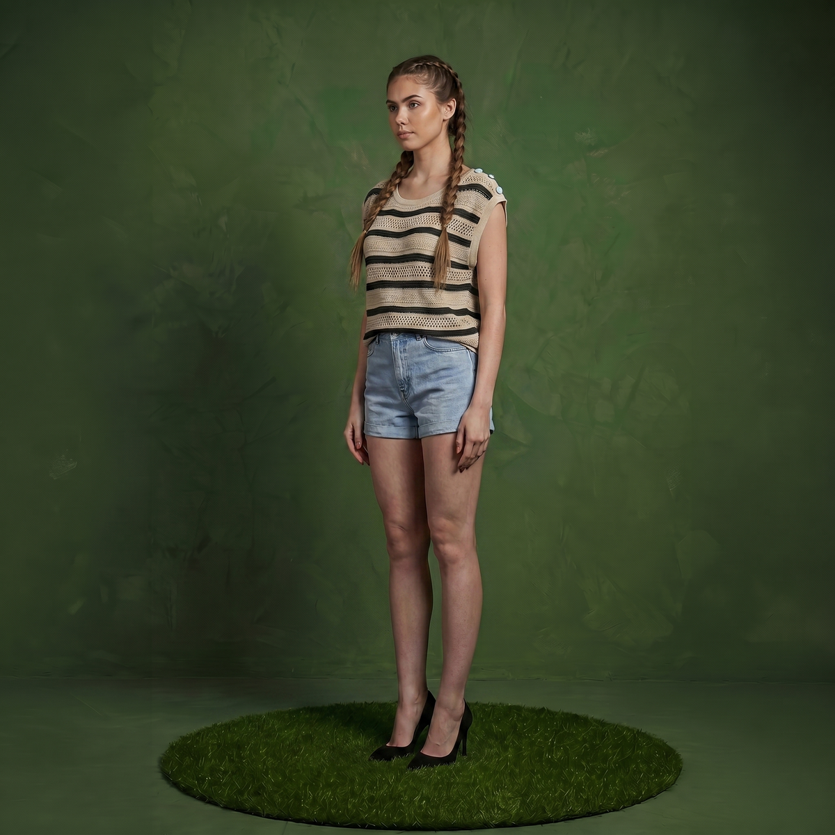 Anna-Kaci Women's Short Sleeve Striped Open Knit Top with Button Shoulder Detail and Relaxed Fit