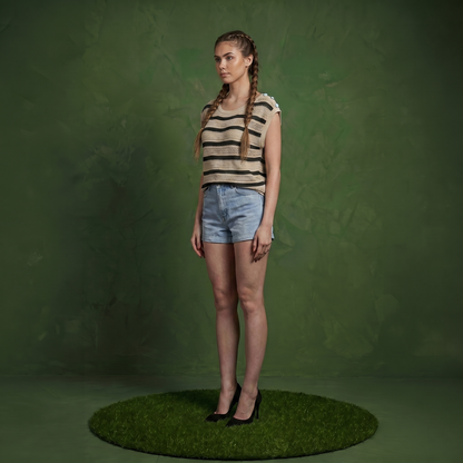 Anna-Kaci Women's Short Sleeve Striped Open Knit Top with Button Shoulder Detail and Relaxed Fit