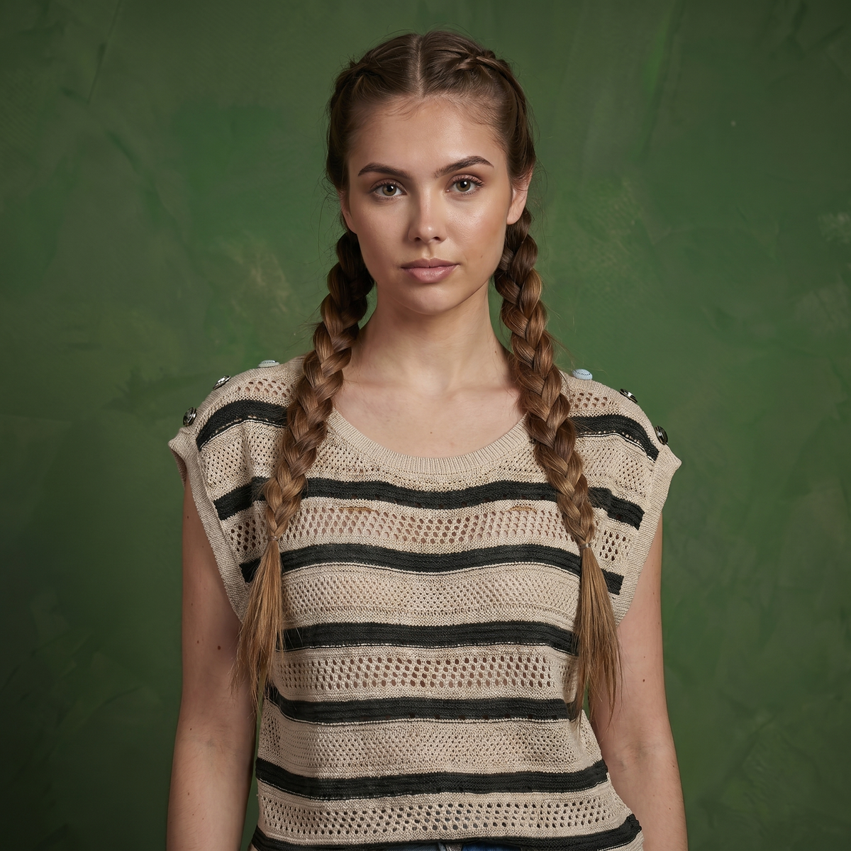 Anna-Kaci Women's Short Sleeve Striped Open Knit Top with Button Shoulder Detail and Relaxed Fit