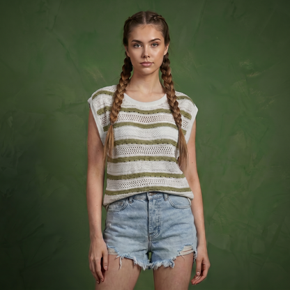 Anna-Kaci Women's Short Sleeve Striped Open Knit Top with Button Shoulder Detail and Relaxed Fit