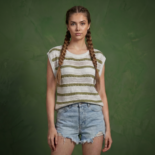 Anna-Kaci Women's Short Sleeve Striped Open Knit Top with Button Shoulder Detail and Relaxed Fit