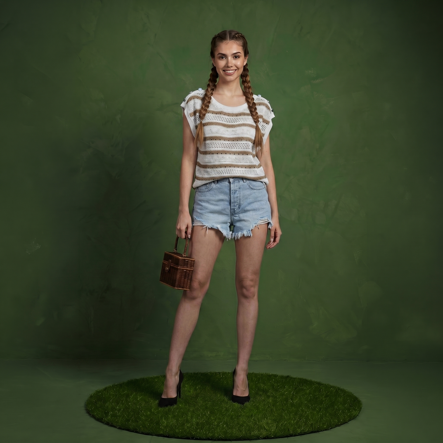 Anna-Kaci Women's Short Sleeve Striped Open Knit Top with Button Shoulder Detail and Relaxed Fit