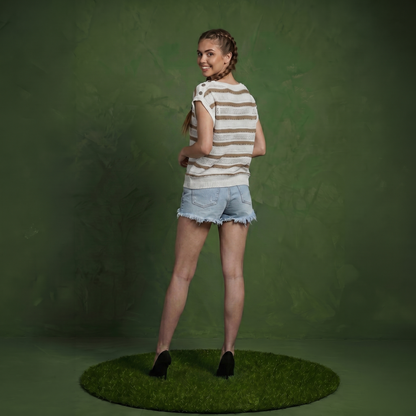 Anna-Kaci Women's Short Sleeve Striped Open Knit Top with Button Shoulder Detail and Relaxed Fit