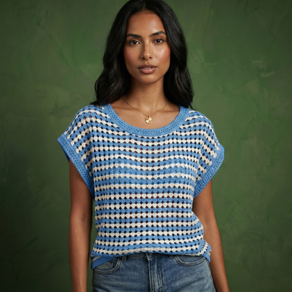 Anna-Kaci Women's Short Sleeve Striped Crochet Knit Top with Open Stitch Texture and Relaxed Fit