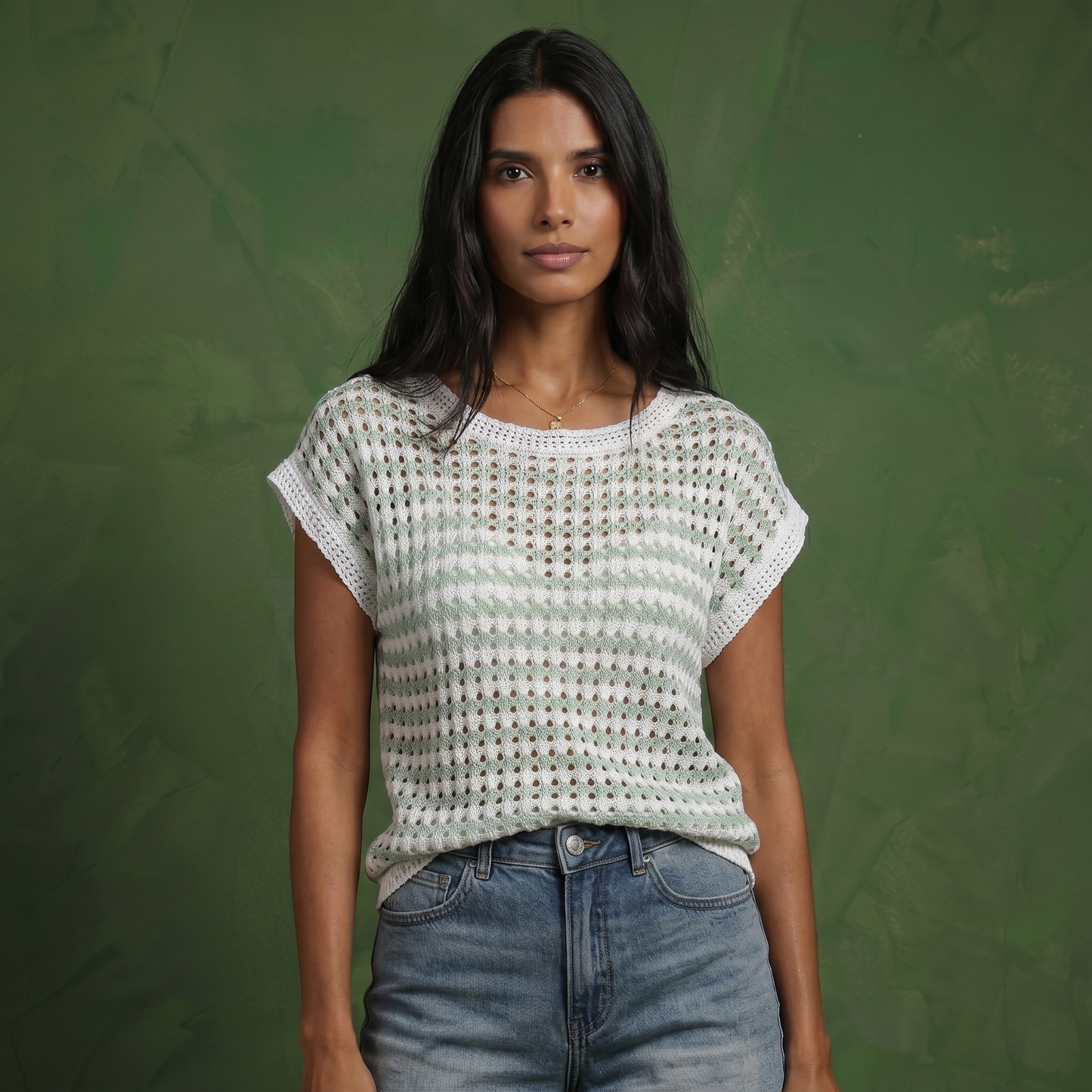 Anna-Kaci Women's Short Sleeve Striped Crochet Knit Top with Open Stitch Texture and Relaxed Fit