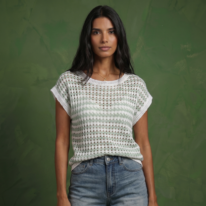 Anna-Kaci Women's Short Sleeve Striped Crochet Knit Top with Open Stitch Texture and Relaxed Fit
